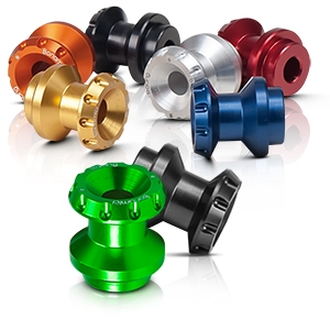 Colorful aluminum bobbins for assembly stands, suitable for motorcycle swing arms.